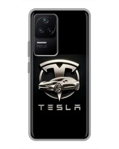 Чехол для Xiaomi POCO F4 (5G) с картинкой «Tesla — серебристое авто»