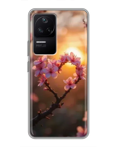 Чехол для Xiaomi POCO F4 (5G) с картинкой «Розовый цвет сердце на фоне заката»