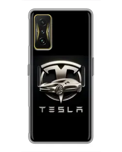 Чехол для Xiaomi POCO F4 GT с картинкой «Tesla — серебристое авто»