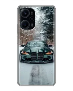 Чехол для Xiaomi POCO F5 с картинкой «BMW в зимнем лесу»