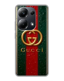 Чехол для Xiaomi POCO M6 Pro с картинкой «Gucci — фирменная полоса и золото» Чехол для Xiaomi POCO M6 Pro с картинкой «Gucci — фирменная полоса и золото»