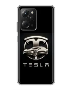 Чехол для Xiaomi POCO X5 Pro (5G) с картинкой «Tesla — серебристое авто»