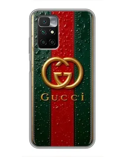 Чехол для Xiaomi Redmi 10 с картинкой «Gucci — фирменная полоса и золото»