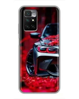 Чехол для Xiaomi Redmi 10 с картинкой «Спортивная BMW и цветы»