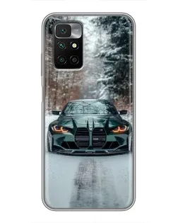 Чехол для Xiaomi Redmi 10 с картинкой «BMW в зимнем лесу»