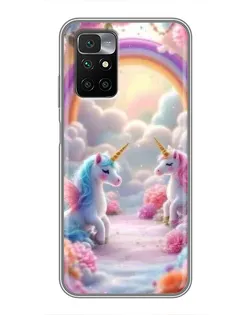 Чехол для Xiaomi Redmi 10 с картинкой «Радуга и единороги»