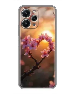 Чохол для Xiaomi Redmi 12 (5G) з картинкою «Рожевий цвіт  сердечко на тлі заходу»