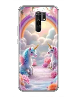 Чехол для Xiaomi Redmi 9 с картинкой «Радуга и единороги»