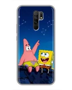 Чехол для Xiaomi Redmi 9 с картинкой «Губка Боб и Патрик ночью»