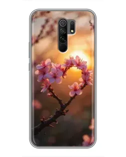 Чохол для Xiaomi Redmi 9 з картинкою «Рожевий цвіт  сердечко на тлі заходу»