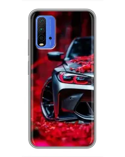 Чохол для Xiaomi Redmi 9T з картинкою «Спортивна BMW та квіти»