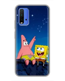 Чохол для Xiaomi Redmi 9T з картинкою «Губка Боб та Патрік вночі»