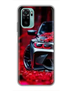 Чехол для Xiaomi Redmi Note 10 с картинкой «Спортивная BMW и цветы»