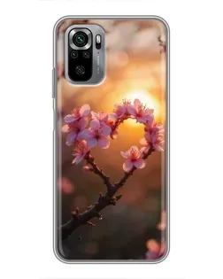 Чохол для Xiaomi Redmi Note 10S з картинкою «Рожевий цвіт  сердечко на тлі заходу»