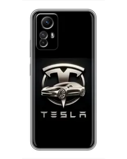 Чехол для Xiaomi Redmi Note 12s с картинкой «Tesla — серебристое авто»