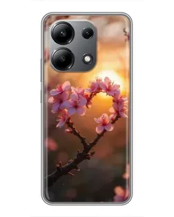 Чохол для Xiaomi Redmi Note 13 (4G) з картинкою «Рожевий цвіт  сердечко на тлі заходу»