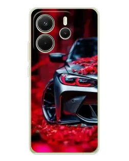 Чехол для Xiaomi Redmi Note 14 4G (Global) с картинкой «Спортивная BMW и цветы»