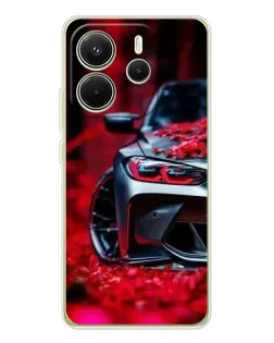 Чехол для Xiaomi Redmi Note 14 4G (EU) с картинкой «Спортивная BMW и цветы»