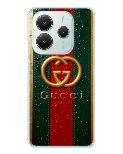 Чехол для Xiaomi Redmi Note 14 5G с картинкой «Gucci — фирменная полоса и золото»