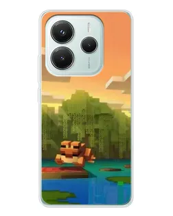 Чехол для Xiaomi Redmi Note 14 5G с картинкой «Майнкрафт закат солнца»
