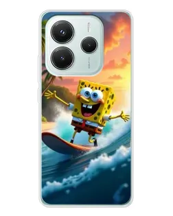 Чехол для Xiaomi Redmi Note 14 5G с картинкой «Губка Боб серфингист»