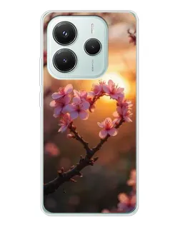 Чехол для Xiaomi Redmi Note 14 5G с картинкой «Розовый цвет сердце на фоне заката»