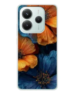 Чехол для Xiaomi Redmi Note 14 5G с картинкой «Яркая сине-оранжевая флора»