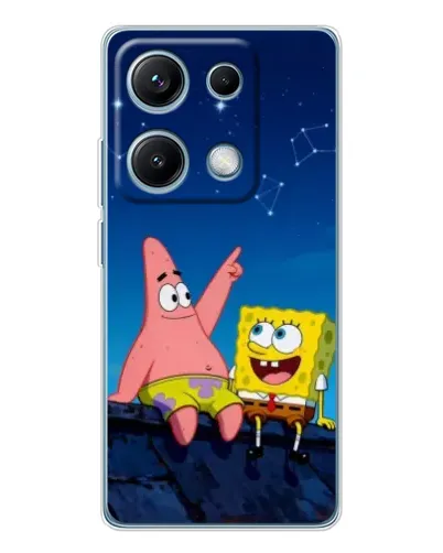 Чехол для Xiaomi Redmi Note 14S с картинкой «Губка Боб и Патрик ночью»