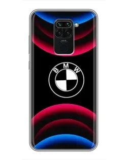 Чехол для Xiaomi Redmi Note 9 с картинкой «Логотип BMW и неоновые дуги»
