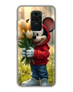 Чехол для Xiaomi Redmi Note 9 с картинкой «Микки с тюльпанами»