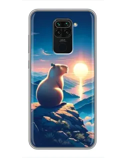 Чехол для Xiaomi Redmi Note 9 с картинкой «Закат солнца с капибарой»