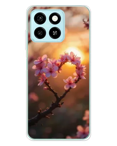 Чехол для ZTE Blade A55 с картинкой «Розовый цвет сердце на фоне заката»
