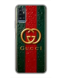 Чехол для ZTE Blade A71 с картинкой «Gucci — фирменная полоса и золото»