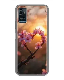 Чехол для ZTE Blade A71 с картинкой «Розовый цвет сердце на фоне заката»