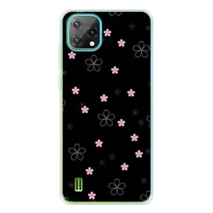 Чехол с розовым рисунком для Blackview Oscal C60 (Розовые цветы на черном)