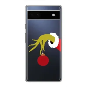 Зимние Чехлы для Гугл Пиксель 6а - прозрачный фон (Гринч с игрушкой)