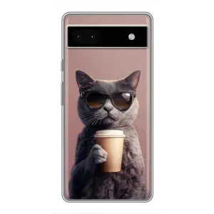 Чехол с принтом стильные животные для Гугл Пиксель 6а (Кот с кофе)