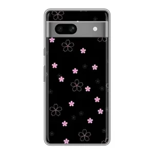 Чехол с розовым рисунком для Google Pixel 7A (Розовые цветы на черном)