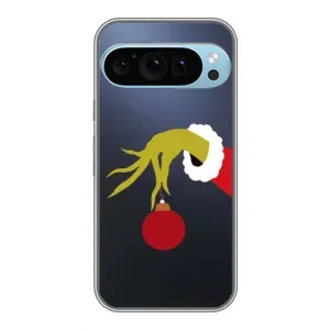Зимние Чехлы для Гугл Пиксель 9 Про - прозрачный фон (Гринч с игрушкой)
