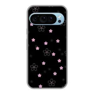 Чехол с розовым рисунком для Google Pixel 9 (Розовые цветы на черном)