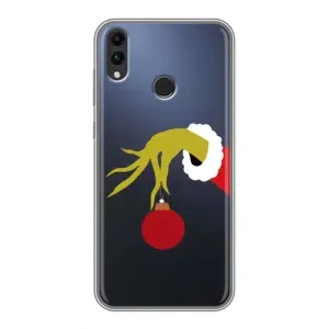Зимние Чехлы для Хуавей Хонор 8Ц - прозрачный фон (Гринч с игрушкой)