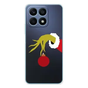 Зимние Чехлы для Хуавей Хонор х8а - прозрачный фон (Гринч с игрушкой)