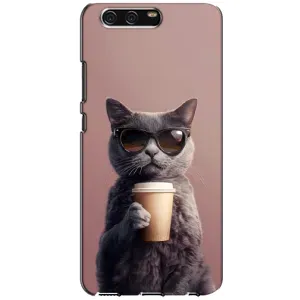 Чехол с принтом стильные животные для Хуавей П10 (Кот с кофе)