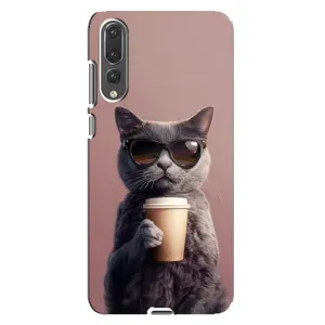 Чехол с принтом стильные животные для Хуавей П20 Про (Кот с кофе)