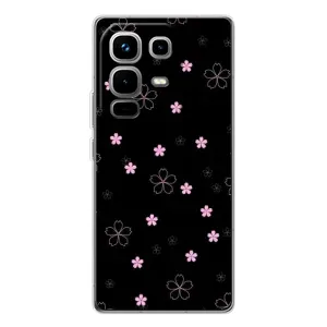Чехол с розовым рисунком для Infinix Note 50 Pro (Розовые цветы на черном)