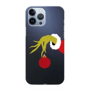 Зимние Чехлы для Айфон 13 Про - прозрачный фон (Гринч с игрушкой)