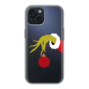 Зимние Чехлы для Айфон 15 - прозрачный фон (Гринч с игрушкой)
