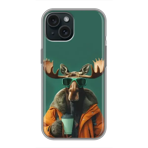 Чехол с принтом «Лось с кофе» для iPhone 15