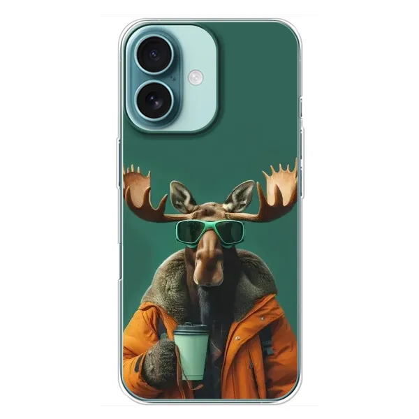 Чехол с принтом «Лось с кофе» для iPhone 16 Plus
