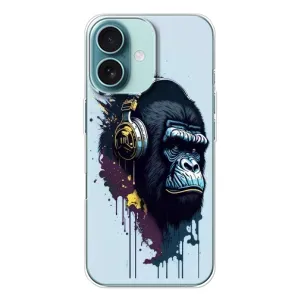Чехол с Обезьянами iPhone 16 - (AlphaPrint) (Горилла в наушниках)